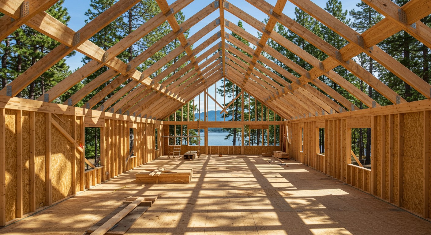 Open wood-framed structure with an unfinished frame opening toward a lake and mountains