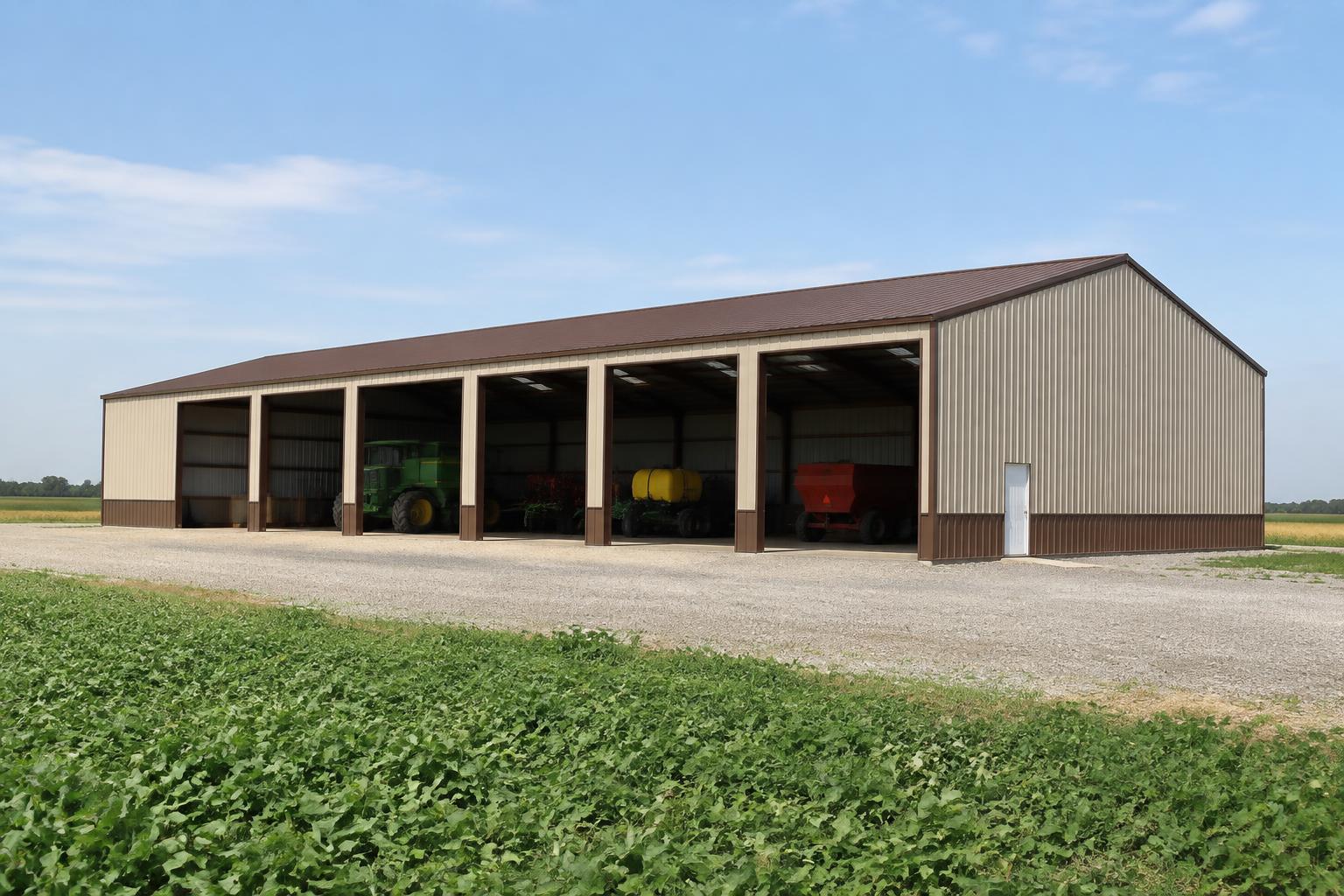 Agricultural metal building with open equipment bays
