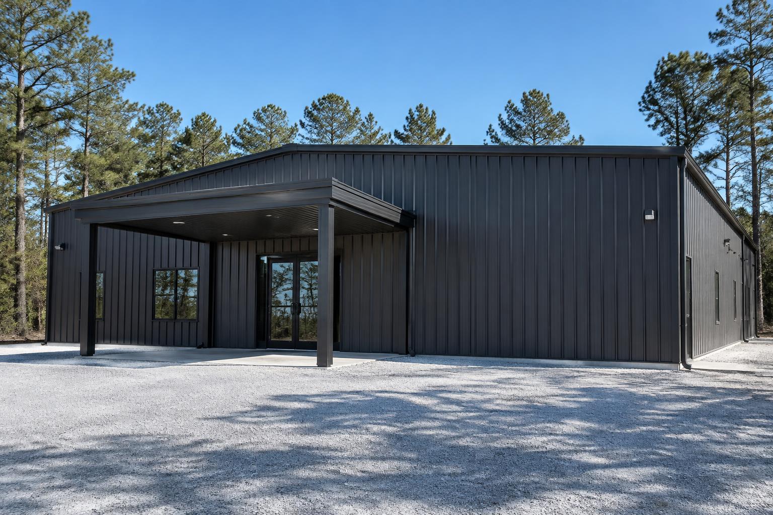 Charcoal metal building with covered entrance