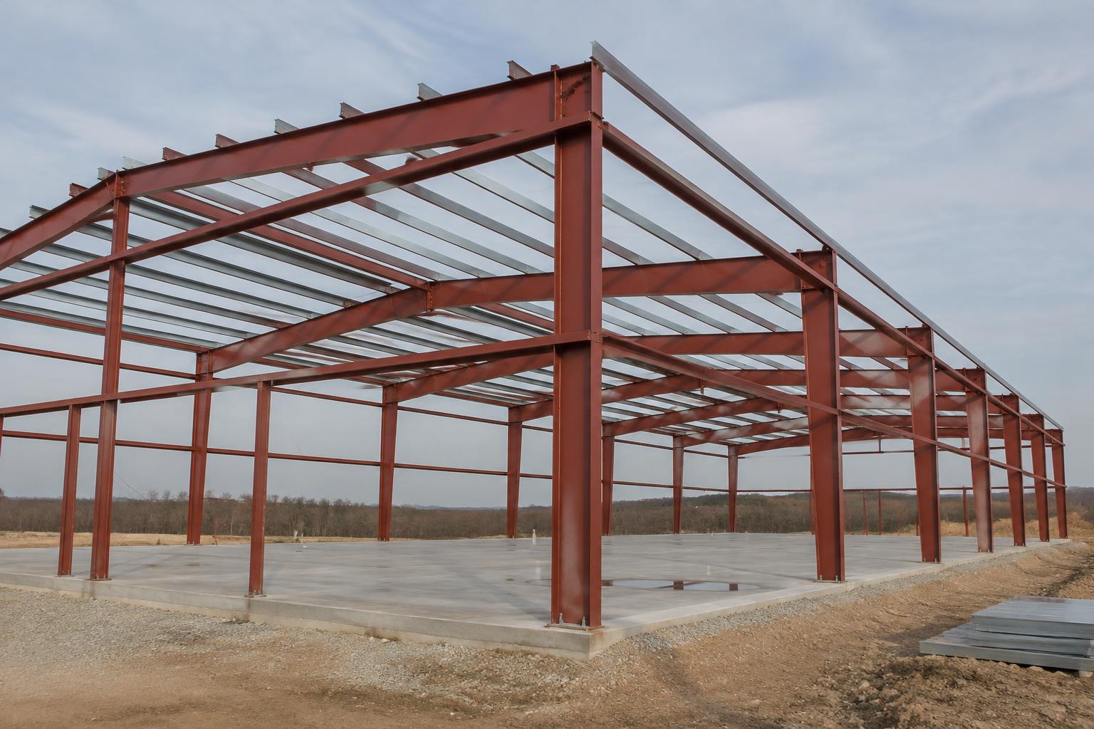 Steel rigid frame on a concrete slab before siding