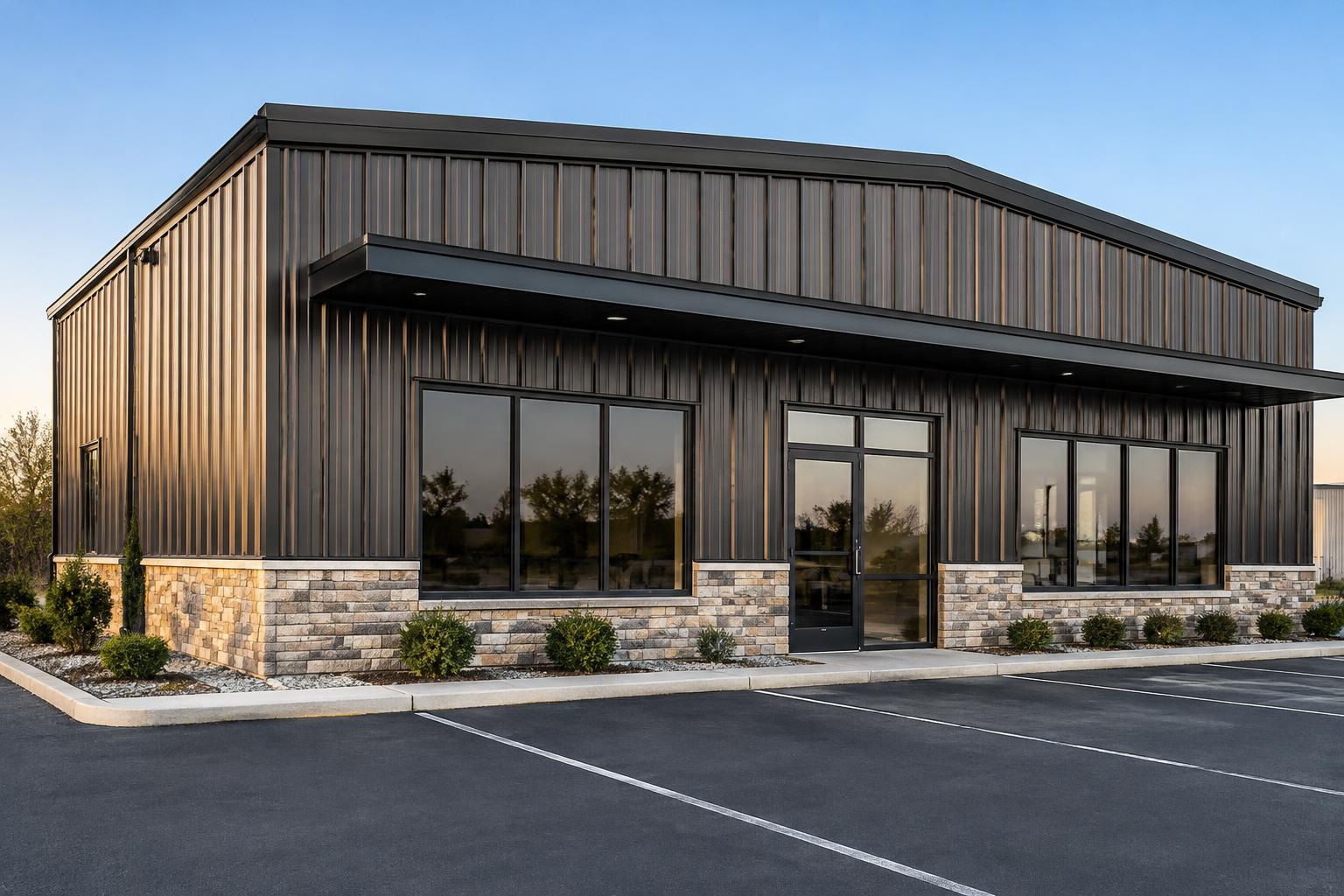 Metal office building with stone wainscot